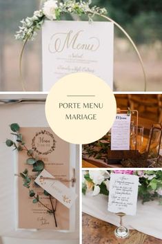 wedding menus and place cards with greenery on them are arranged in four different pictures