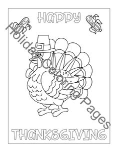 happy thanksgiving coloring page with a turkey wearing a pilgrim hat and holding a candy bar