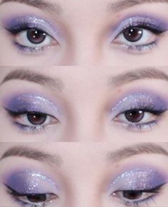 Shimmery Purple Eye Makeup, Periwinkle Makeup, Minimal Eyeliner, Douyin Eye Makeup, Butterfly Eye Makeup, Quince Makeup, Fantasy Purple, Lavender Makeup