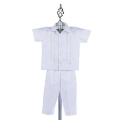 ABOUT THE ITEM... Boys Cotton Guayabera, Boys Baptism, Short Sleeve Shirt and Pant Set. Pants and shirt is made with 100% cotton. Baby boy Guayabera is the perfect outfit for special gathering, baptism, or birthday. The material is comfortable and breathable. Made out of 100% cotton. A LITTLE HISTORY OF THE ITEM... It is with great enthusiasm and pride that we design and create this special item with our Latin tradition in mind. IMPORTANT DETAILS: - Shirt and Pant included as a set - 100% cotton Fitted Pant Set For Summer Weddings, White Baptism Sets For Summer, White Short Sleeve Pant Set For Summer, White Summer Baptism Sets, White Sets For First Communion In Summer, White Short Sleeve Set For First Communion, White Short Sleeve Sets For First Communion, White First Communion Sets For Summer, Elegant White Short Sleeve Sets