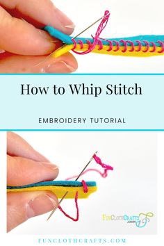 two pictures showing how to crochet the whip stitch on an embroidery hook with text overlay that says, how to whip stitch