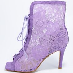 These Sweet Booties Are The Perfect Way To Transition Into Spring! Features An Open Toe Paired With A Closed Back. A Lace Upper And A Lace Up Front. Single Sole Styling And A Stiletto Heel. Fitted Lace Heels For Spring, Spring Party Lace Heels, Fitted Lace Open Toe Heels, Spring Lace Heels, Fitted Lace-up Heels With Laces, Purple Lace-up Heels For Spring, Fitted Purple Heels For Summer, Fitted Open Toe Heels With Laces, Fitted Purple Heels With Closed Toe