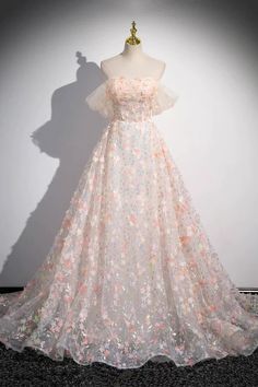 Beautiful Floor Length Sequins and Flowers Party Dress Off the Shoulde – Buyishang Dresses Champagne Formal Dresses, Prom Dresses Off The Shoulder, Prom Dress With Train, Fashion Fantasy, Floor Length Prom Dresses, Tulle Flowers, Lace Formal Dress, Lace Prom Dress, Birthday Party Dress