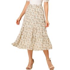 It is a perfect piece to be paired with a crop top or basic tee and sneakers for a stunning day look or styled with sandals to go out! A versatile floral skirt for daily casual style, or an eye-catching piece as a chiffon skirt. This long chiffon skirt creates an effortlessly elegant silhouette with its cinched waist and a tiered hem. This A-line skirt features a dainty floral print, ruched ruffles, and a tiered design in a perfect ankle length. Cut from chiffon fabric and soft lining with a flo Boho Midi Skirt, Midi Skirt White, Long Chiffon Skirt, Long Floral Skirt, Skirts White, Ruffle Maxi Skirt, Tiered Midi Skirt, Long Skirts, Skirt White