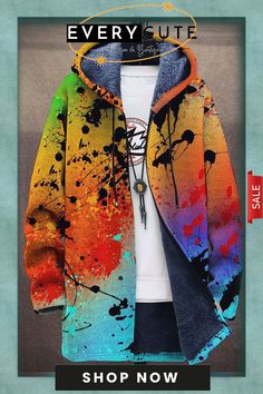 Men's Art Watercolor Gradient Plush Thick Long-sleeved Sweater Coat Cardigan Colorful Long Sleeve Casual Cardigan, Winter Cotton Outerwear With Graffiti Print, Artistic Winter Streetwear Outerwear, Artistic Winter Outerwear For Streetwear, Blue Long Sleeve Outerwear With Graffiti Print, Artistic Cotton Outerwear With Graphic Print, Multicolor Hooded Outerwear With Graphic Print, Multicolor Graphic Print Hooded Outerwear, Multicolor Long Sleeve Streetwear Sweater