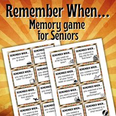 the memory game for seniors is shown in this image with an orange sunburst background