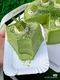 someone is holding a piece of green cake