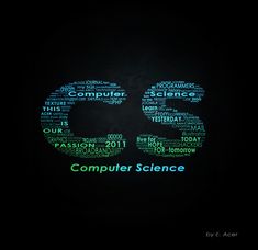 the word computer science is written in green and black letters on a dark background,