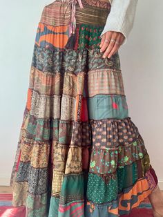 This is new idea for my patchwork creations, very colourful long silky skirt Always oryginal, made one of a kind Made of upcycled silky material with different floral patterns  Long flowy very comfortable and feels light Perfect for parties, summer festivals and holidays  MEAESURE elasticated waist 28-35" length 39" MATERIAL *saree silk  *no lining Please visit also  https://www.etsy.com/shop/AltheaStores For more ideas CARE INSTRUCTIONS  * Wash in warm water * Hand wash recommended * Hang to dr Hippie Skirts, Thrift Flip, Patchwork Skirt, Summer Boho, Fairy Core, Tall Girl, Beautiful Skirts, Boho Summer, Summer Festival