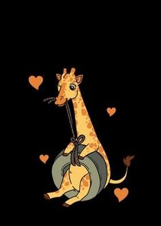 a giraffe sitting on top of a barrel with hearts around it's neck