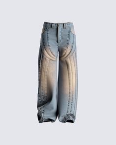 A pair of wide-leg jeans, only elevated because a baddie is never ordinary 💅 Made from a denim fabric complete with a faded wash detail, a mid-rise and wide-leg fit, and decorative stitching detail - these jeans don't just fit, they flaunt 🖤 Luxury Mid-rise Washed Blue Pants, Luxury Men's Wide Leg Flare Jeans, Faded Denim Flare Jeans With Five Pockets, Faded Denim Flare Jeans For Streetwear, Light Wash Denim Flare Jeans For Streetwear, Wide Leg Recycled Denim Jeans, Trendy Wide Leg Recycled Denim Cargo Jeans, Light Wash Recycled Denim Flare Jeans For Streetwear, Streetwear Flare Jeans With Five Pockets In Faded Color