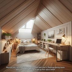 an attic bedroom with a bed, desk and computer on the table in front of it