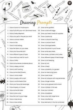 a list for drawing and writing with the words'drawing prompts'on it