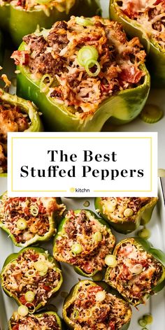 stuffed peppers with meat and cheese in them on a white plate next to the words, the best stuffed peppers