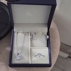 Sterling Silver Cubic Zirconia Heart Love Set Includes Necklace Earrings And Matching Ring W/ Elegant Navy Blue Box Included Matching Ring, Love Jewelry, Blue Box, Matching Rings, Heart Love, Necklace Earrings, Jewelry Set, 3 Piece, Cubic Zirconia