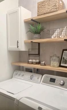 How to style an upgraded laundry room. #laundryroomdecor #laundryroomstyling #laundryroomideas #diyproject #homedecor Laundry Room Open Shelf Organization, Laundry Room In Hallway Ideas, Small Open Laundry Room Ideas, Diy Laundry Decor, Laundry Room Cabinets Top Loader, Hallway Closet Laundry Room Ideas, Small Laundry Room Shelving Ideas, Walk Through Laundry Room To Garage, Loundroom Ideas