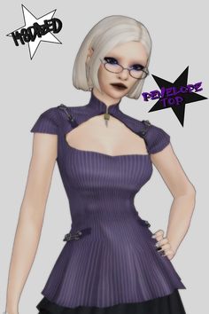 an animated woman wearing glasses and a purple dress