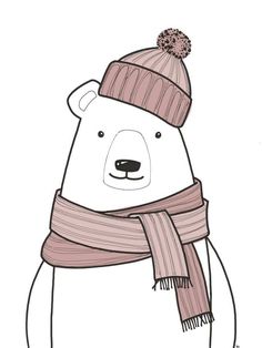 a drawing of a polar bear wearing a hat and scarf