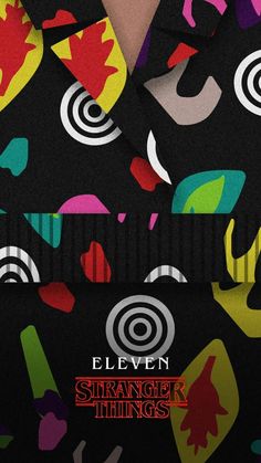 an advertisement for eleven strange things on a black background with red, green, yellow and blue shapes