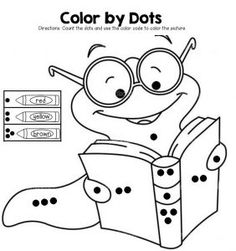 a coloring book with the words color by dots and a cartoon character reading a book