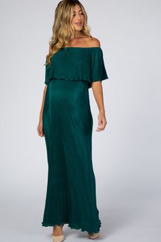 Forest Green Pleated Ruffle Off Shoulder Maternity Maxi Dress – PinkBlush Maternity Dresses For Baby Shower, Pleated Knit, Shower Dress, Maternity Maxi Dress, Off Shoulder Maxi Dress, Stylish Mom, Trendy Maternity, Maternity Maxi, Baby Shower Dresses