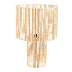 a wooden table lamp that is made out of bamboo sticks and has a round light fixture