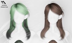 three wigs with different colored hair on them