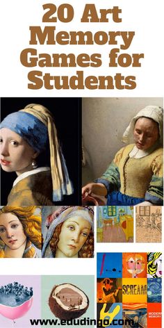 the cover of 20 art memory games for students, with images of women's heads and