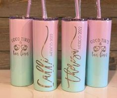 three pink and blue tumblers with the words good times & cool times on them