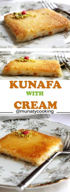 two plates with food on them and the words kunnafa with cream