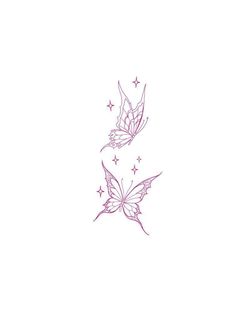 two butterflies flying in the air with stars around them on a white background, one is pink