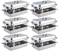 set of six stainless steel chafers with lids and trays on each side