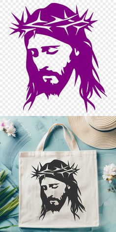 a tote bag with the face of jesus on it and flowers in front of it