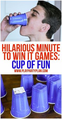 a man drinking from a blue cup with the words hilarious minute to win it games cup of fun