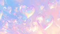 many hearts are floating in the air on a pink and blue background with white bubbles