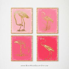 four pink and gold flamingos are on the wall next to each other in three different frames