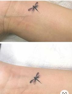 two pictures of a dragonfly tattoo on the wrist