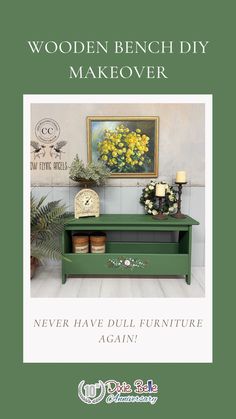 a green bench sitting next to a potted plant on top of a wooden table