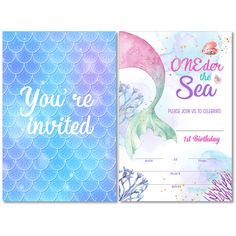 two mermaid themed birthday party cards