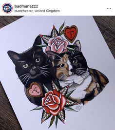 an image of two cats with roses and hearts on their heads in front of a card