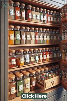 an open spice rack filled with lots of different types of spices and seasonings on wooden shelves