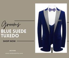 Buy now our custom blue suede tuxedo with a contrast grey lapel. Striking the right chord between a classic tuxedo and edgy statement style. Ultimate fit for your special occasion. Velvet Tuxedo Suit For Workwear, Velvet Tuxedo Suit, Winter Velvet Business Suit, Luxury Velvet Business Suits, Tailored Velvet Suits With Suit Collar, Tailored Velvet Suit With Suit Collar, Elegant Blue Tuxedo For Winter, Fitted Velvet Suits For Business, Fitted Velvet Business Suit