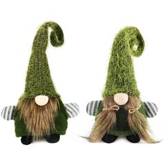 two knitted gnomes with long hair and beards, one wearing a green hat