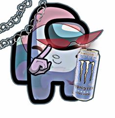 the monster energy drink is being held up by a chain with a cartoon character on it