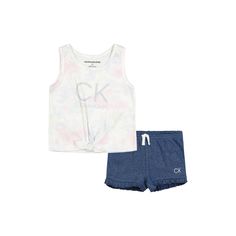 Playful Styling In Comfort Fabrics Make Everyday Dressing Simple With This Shorts Set From Calvin Klein Jeans, Featuring A Colorful Jersey Tank And French Terry Shorts. Set Includes- 1 Tank Top And 1 French Terry Shorts Top- Sleeveless, Crewneck, Self-Tie At Hem, Metallic Logo Shorts- Encased Elastic Waistband, Drawstring Close, Ruffle Trim Hems Cotton/Polyester Machine Washable Imported Calvin Klein Summer Loungewear Tops, Dressing Simple, Tie Front Tank Top, French Terry Shorts, Girls Tie, Calvin Klein White, Terry Shorts, Set Outfit, Shorts Set