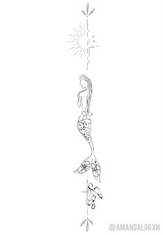 a drawing of a mermaid sitting on the side of a pole with an arrow above her head