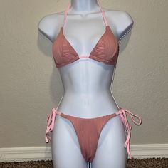 Brand New!!!!!! Gorgeous Textured Pink Bikini Top And Bottoms Tie Hygiene Liner Still Attached Only Took Out Package For Pics Size S Fast Shipping Available Bundle And Save Fitted Tie-side Bottom For Beach Party, White Bathing Suit Top, White Scrunchie, Pink Swimwear, Cheeky Bikinis, Pink