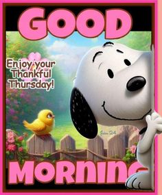 a snoopy dog with a chick on it's back and the words good, enjoy