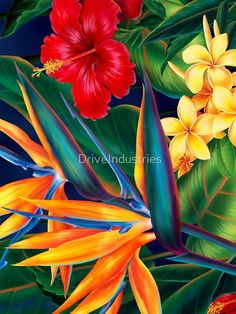 a painting of tropical flowers and leaves on a blue background with red, yellow and green colors