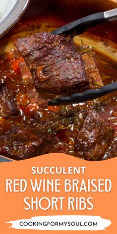 red wine braised short ribs in a pot with text overlay